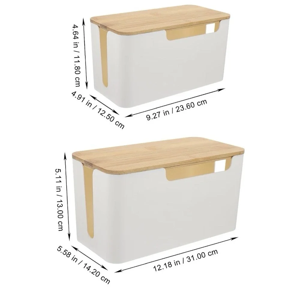 Cable Management Box Cord Organizer w/ Bamboo Lid White 12.18 x 5.58 x 5.11